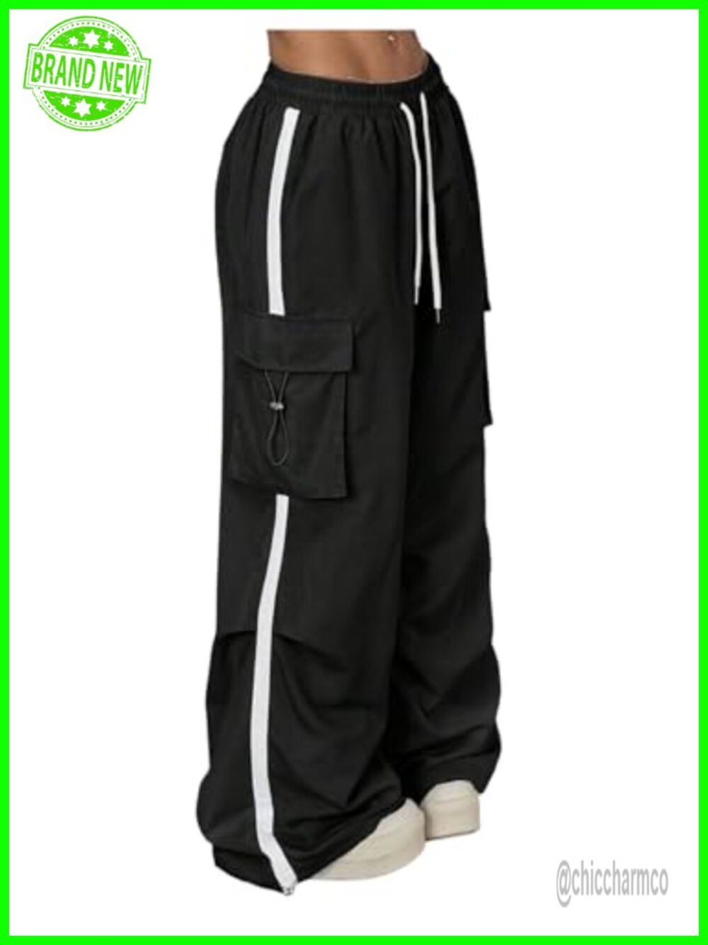 Y2K Baggy Cargo Track Pants Wide Leg Side Stripe Parachute Streetwear